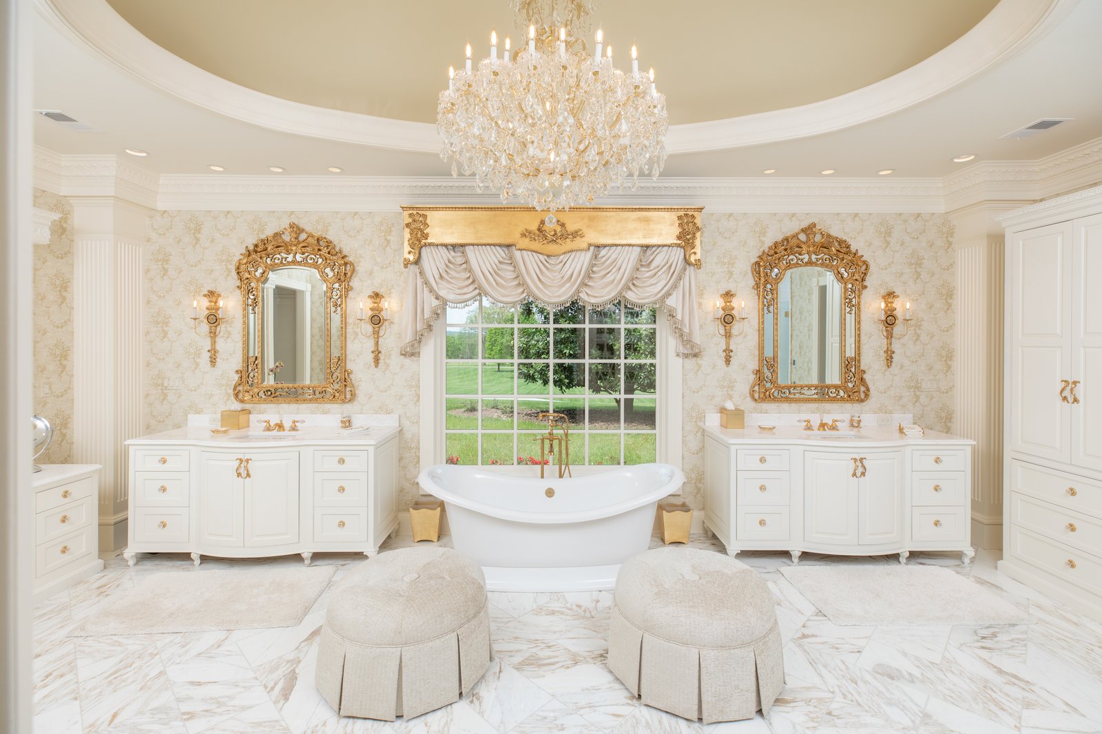 Victorian master bathroom with free-standing furniture vanities